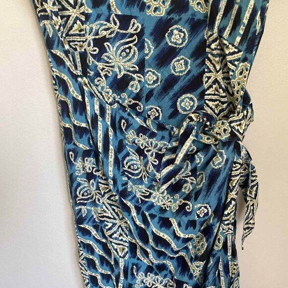 American Vintage Maggie Lawrence 100% Rayon Blue Aztec Midi Dress Sz Small - Picture 5 of 6